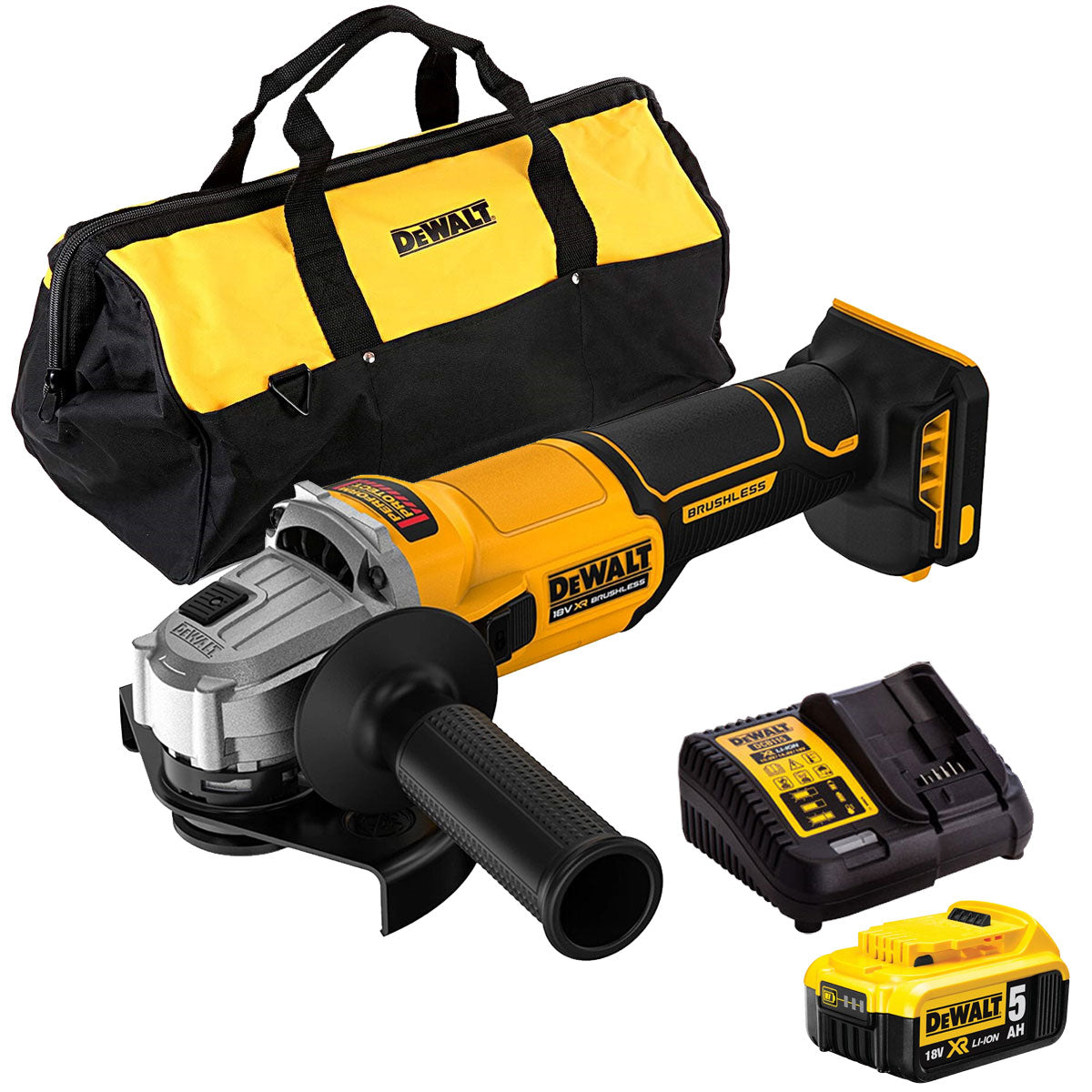 Dewalt DCG407N 18V XR Brushless 125mm Angle Grinder with 1 x 5.0Ah Battery Charger & Bag