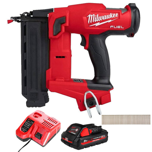 Milwaukee M18FN18GS-0 18V Fuel Brushless Second Fix Nailer with 1 x 3.0Ah Battery Charger & 5000 Piece Brad Nails