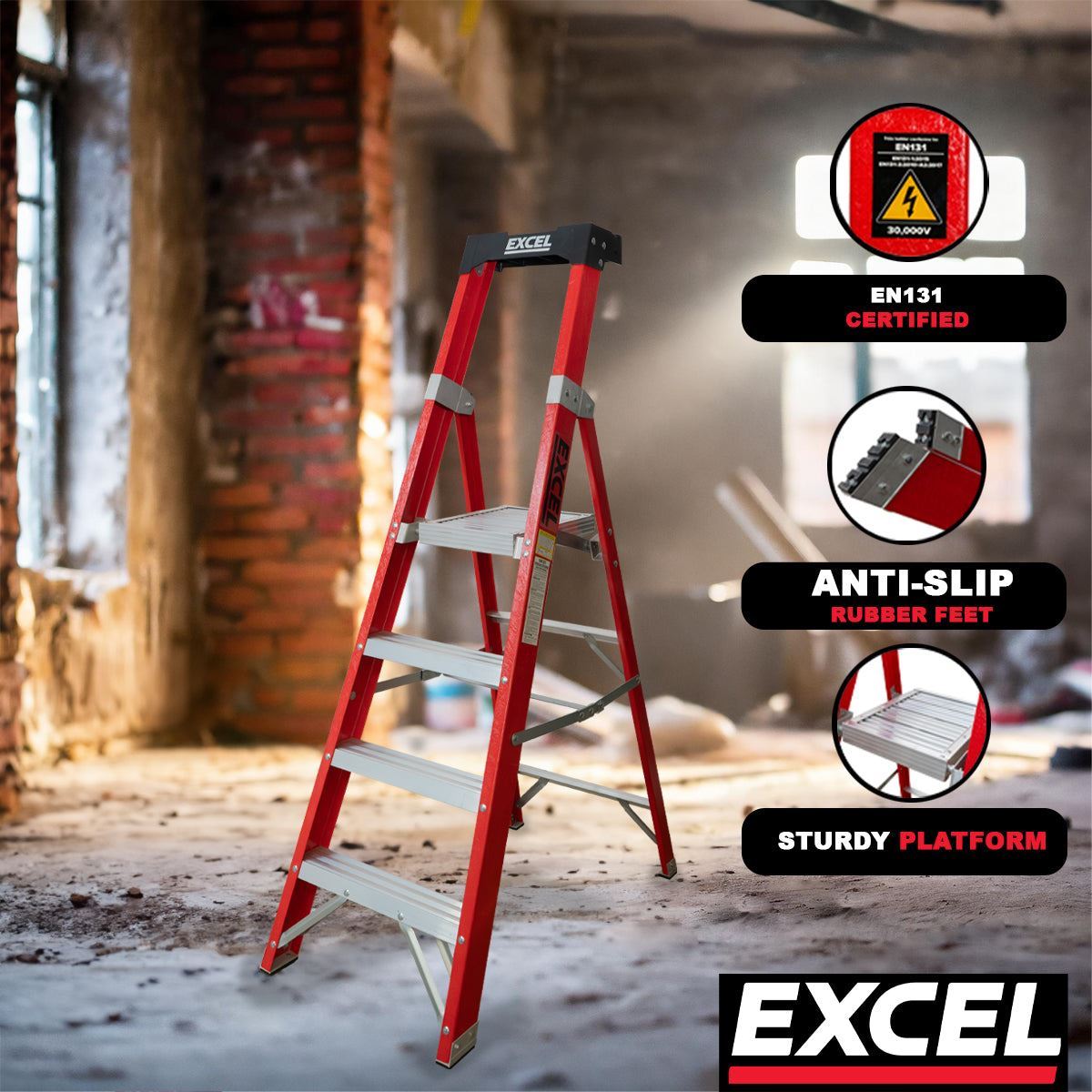 Excel Electricians Fibreglass Platform Step Ladder 4 Tread 1.57m EN131