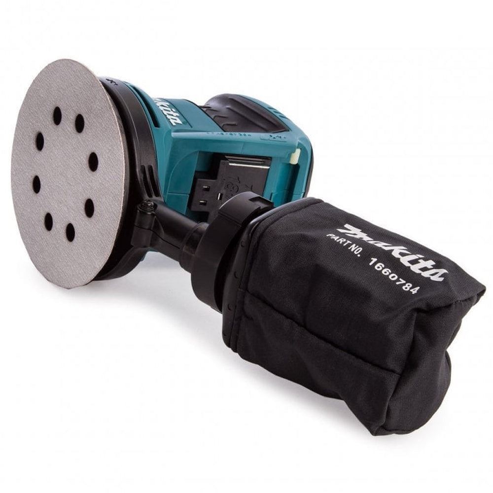 Makita DBO180Z 18V Random Orbit Sander With 1 x 5.0Ah Battery Charger & Sanding Disc Pack of 30
