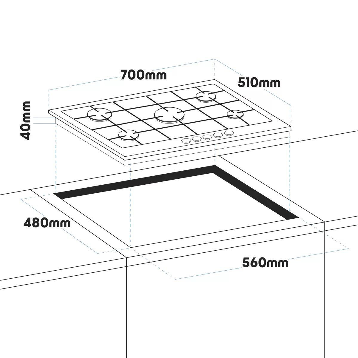 Sealey DH228 Baridi Gas Hob with 5 Cooking Zones 70cm Black 11W