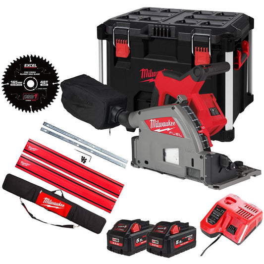 Milwaukee M18FPS55-552PEB 18V 165mm Fuel Brushless Plunge Saw with 2 x 5.5Ah Battery with Blade & Guide Rail Kit