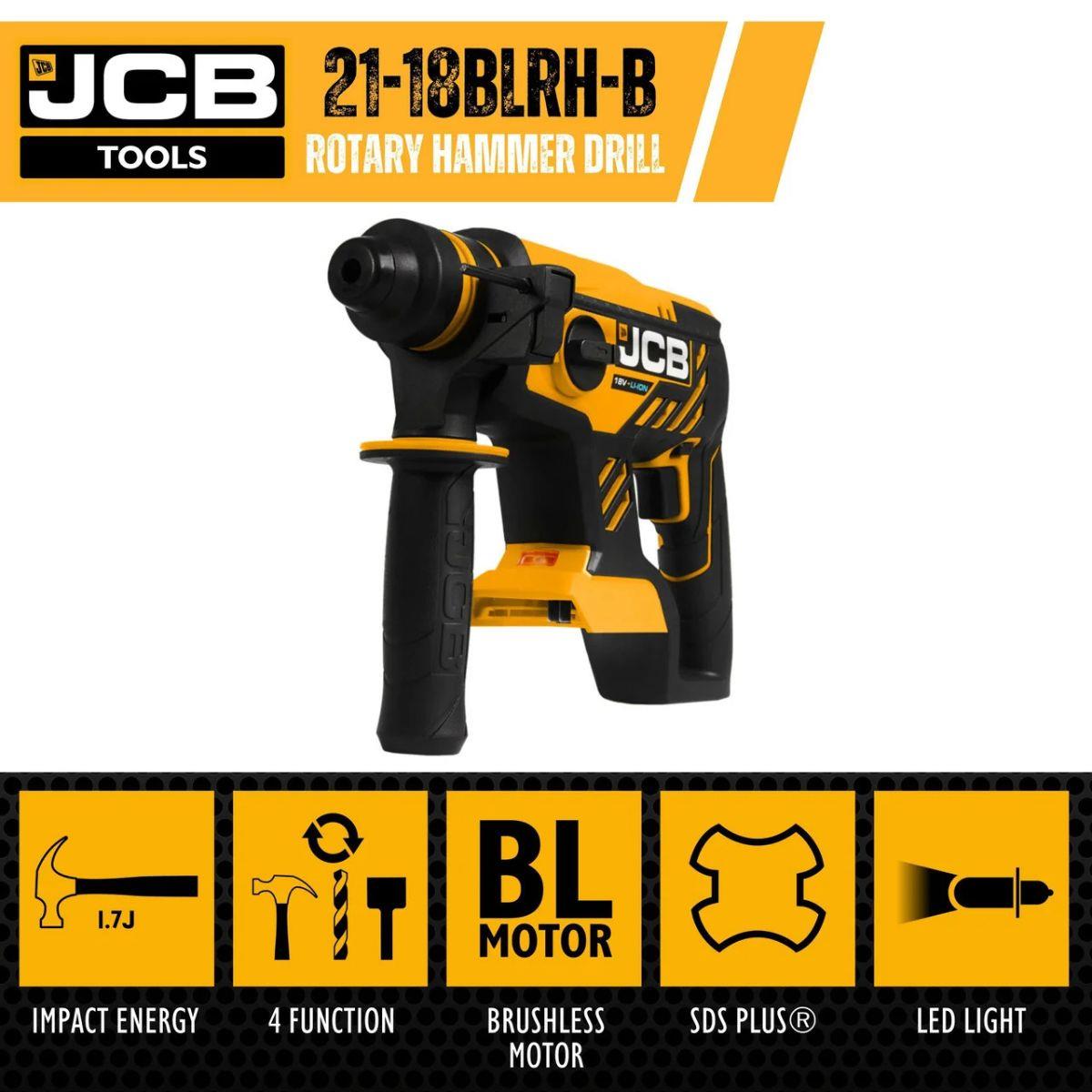 JCB 21-18BLRH-B 18V 1.7J Brushless SDS Rotary Compact Hammer Drill With 4 x SDS Bits, Keyless and SDS Plus Chuck Body Only