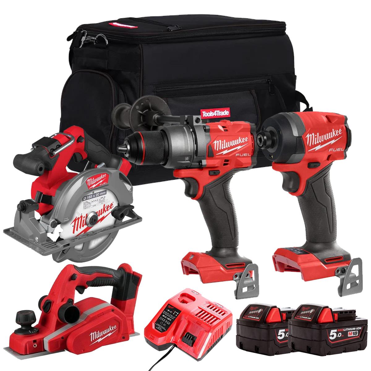Milwaukee M18FPP17Z-502B 18V 4 Piece Power Tool Kit With 2 x 5.0Ah Batteries Charger & Bag