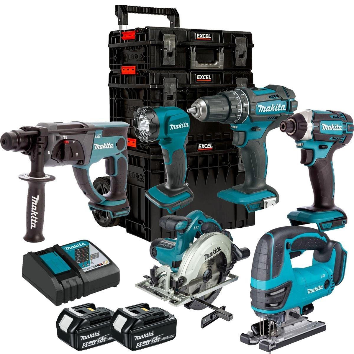 Makita 18V 6 Piece Combo Kit with 2 x 5.0Ah Battery, Charger & 3 Piece Modular Tool Box T4TKIT-24398