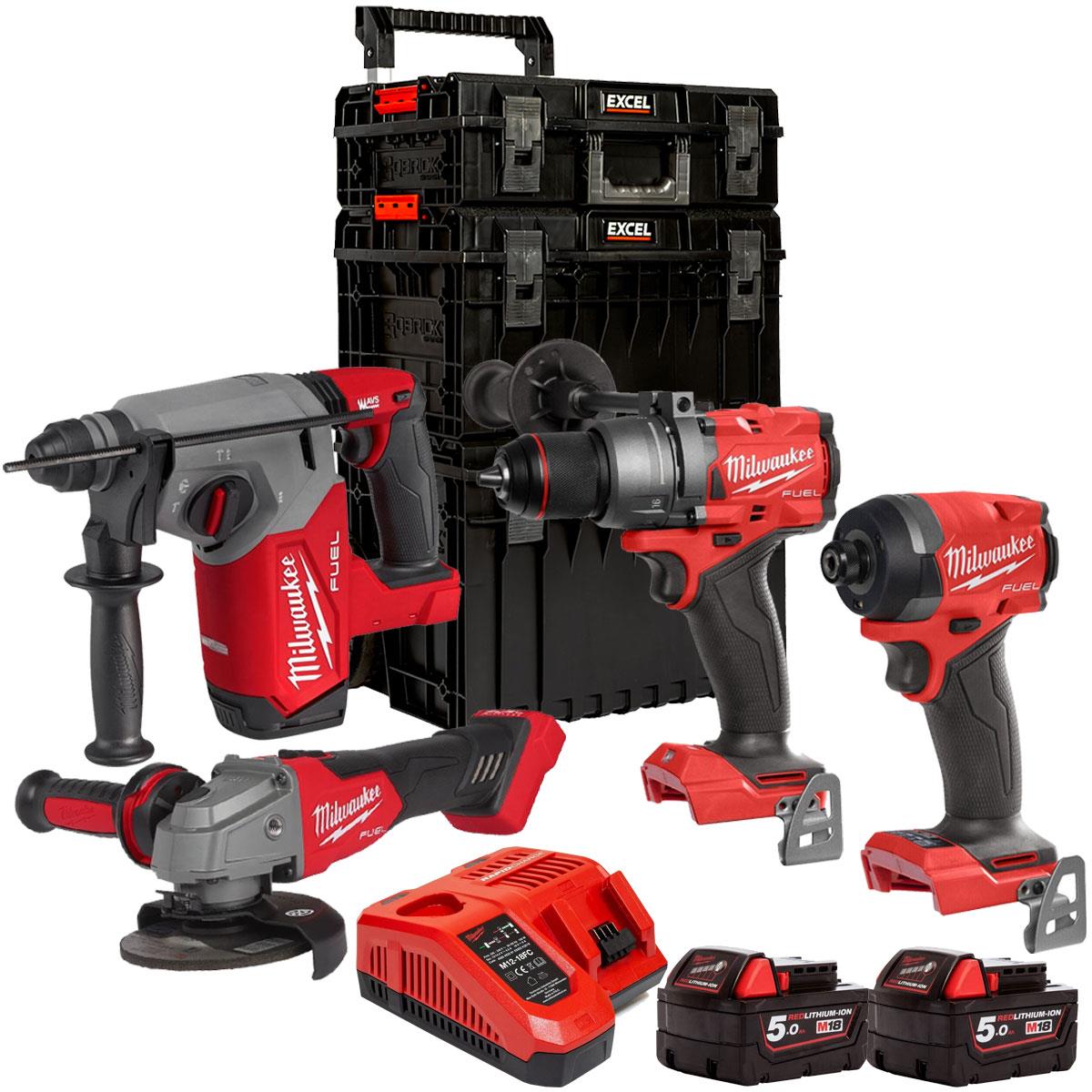 Milwaukee M18FPP4Z-503EB 18V Brushless 4 Piece Power Tool Kit With 2 x 5.0Ah Battery, Charger & 3 Piece Modular Tool Box