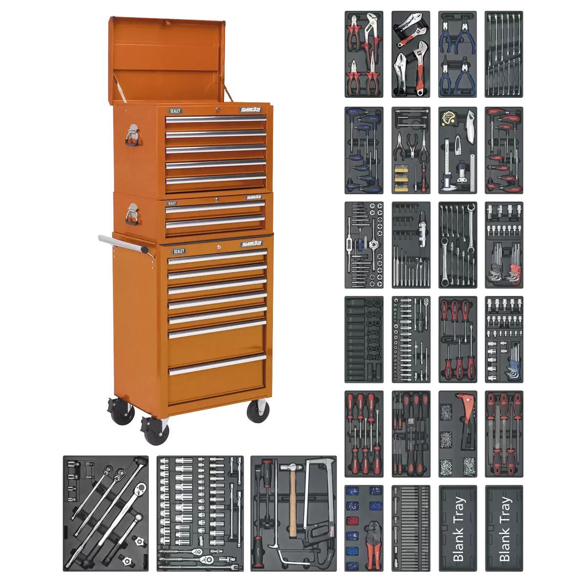Sealey SPTOCOMBO1 Tool Chest Combination 14 Drawer with Ball Bearing Slides Orange & 1179pc Tool Kit20787