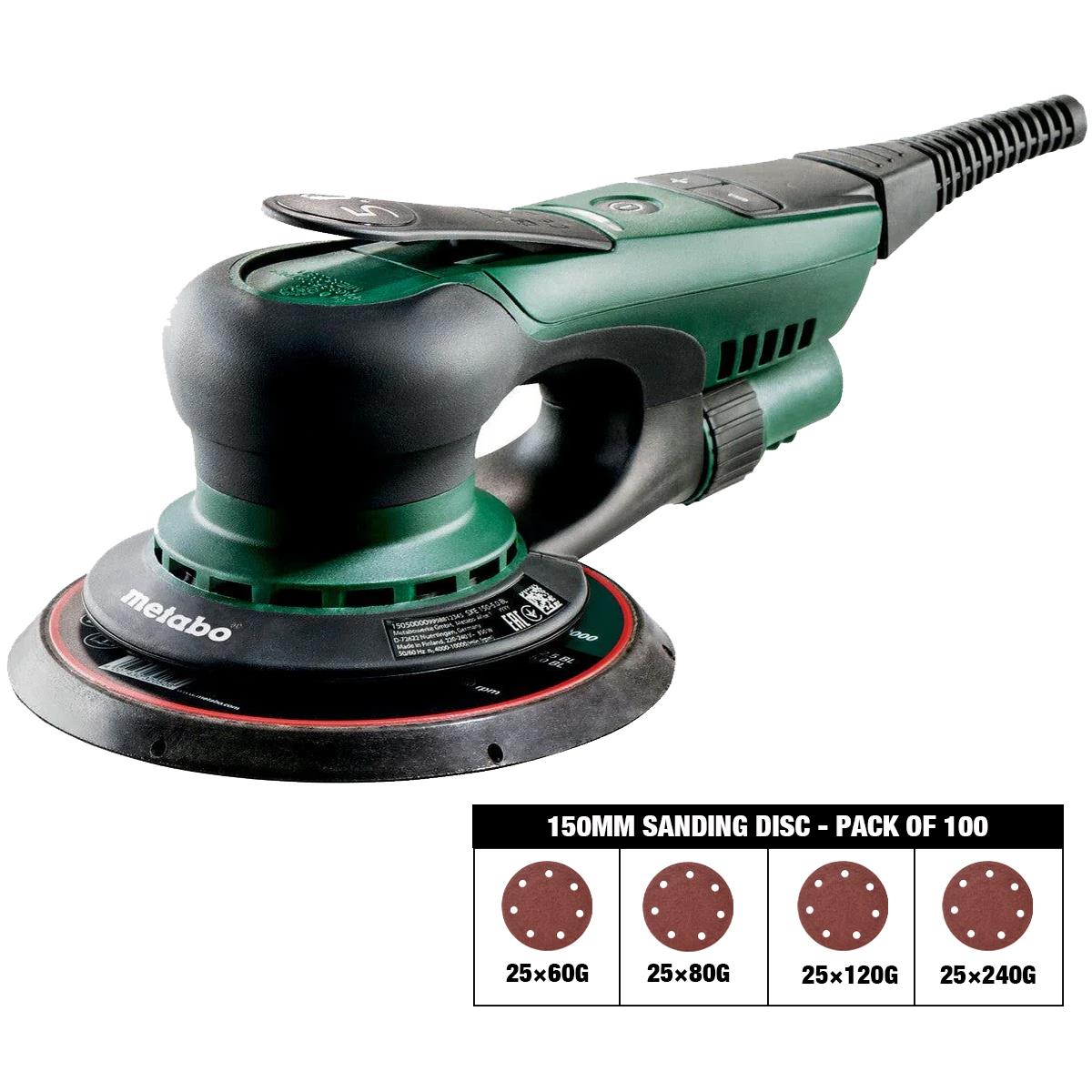 Metabo SXE 150-5.0 BL 150mm Brushless Random Orbital Sander 240V 615050380 with Sanding Disc 60G, 80G, 120G, 240G Pack of 100