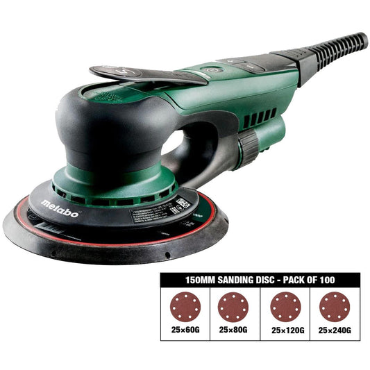 Metabo SXE 150-5.0 BL 150mm Brushless Random Orbital Sander 240V 615050380 with Sanding Disc 60G, 80G, 120G, 240G Pack of 100