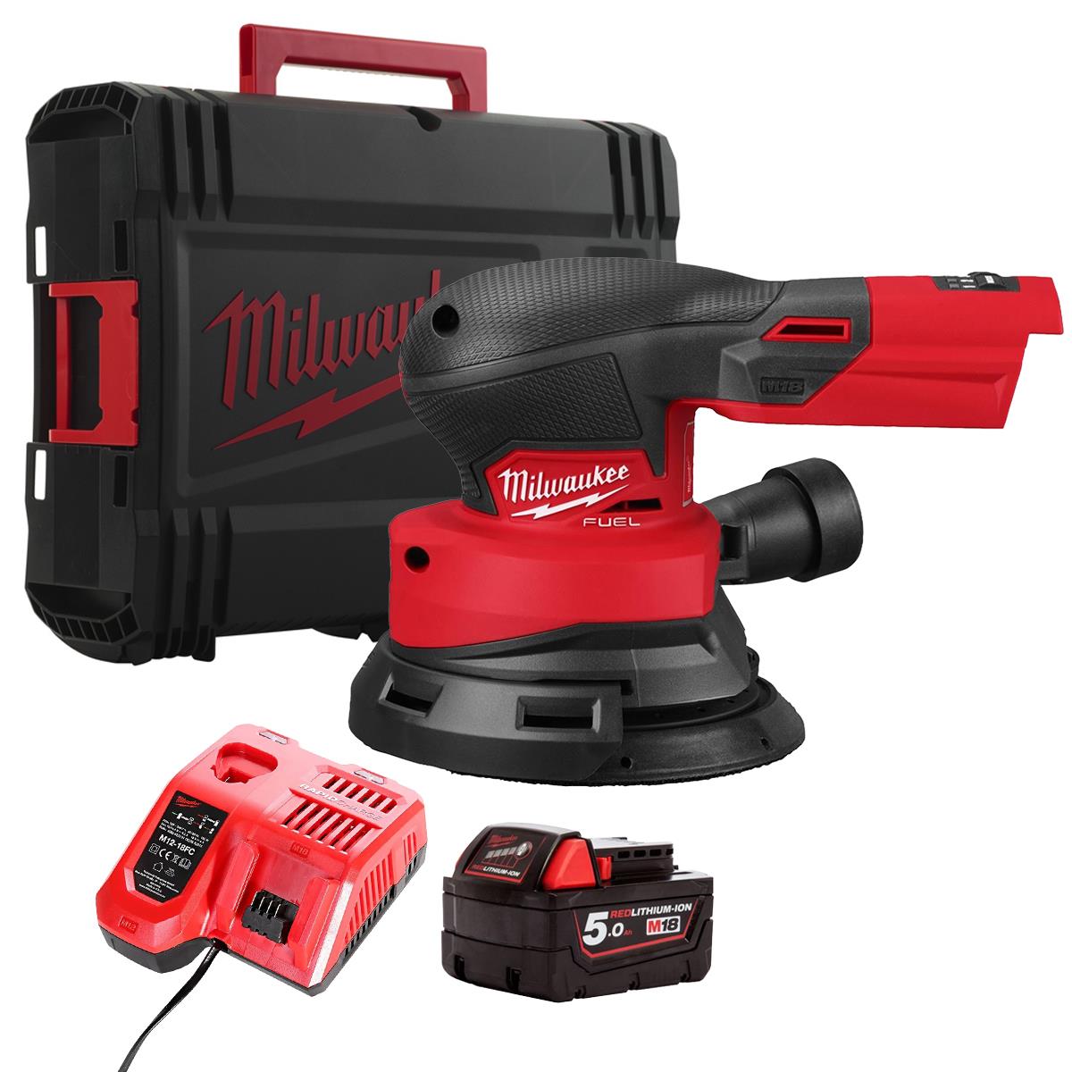 Milwaukee M18FROS125-0X 18V M18 Brushless Random Orbital Sander with 1 x 5.0Ah Battery Charger & Case