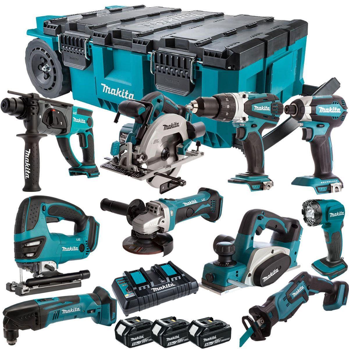 Makita 18V 10 Piece Combo Kit with 3 x 5.0Ah Batteries & MAKTRAK Trolley Toolbox