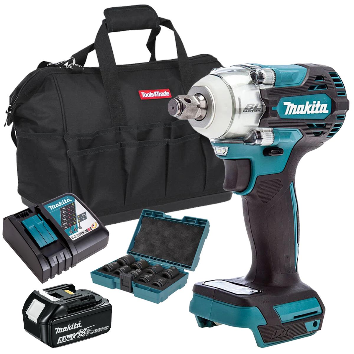 Makita DTW300Z 18V Brushless Impact Wrench With 1 x 5.0Ah Battery Charger & 9 Piece Socket Set