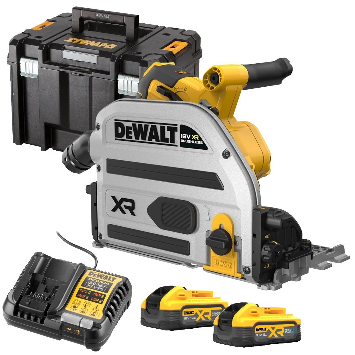Dewalt DCS525H2T-GB 18V XR Brushless 165mm Plunge Saw with 2 x 5.0Ah Powerstack Batteries, Charger & Case