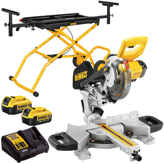 DeWalt DCS365M2 18V 184mm Mitre Saw with 2 x 4.0Ah Battery Charger & Rolling Stand
