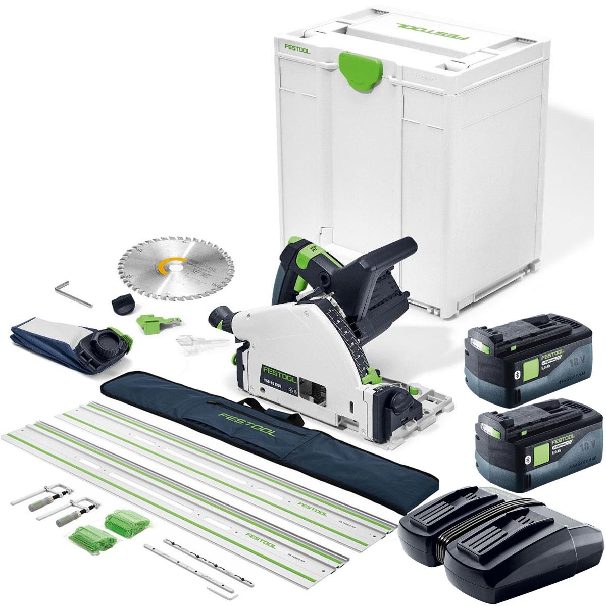 Festool TSC 55 KEB-Basic 36V Brushless 160mm Plunge Cut Saw 578738 with 2 x 5.0Ah Battery & Guide Rail Kit Set