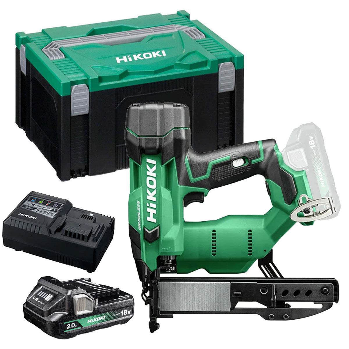 Hikoki N1804DAW6Z 18V Brushless 2nd Generation 18G Stapler with 1 x 2.0Ah Battery Charger & Case