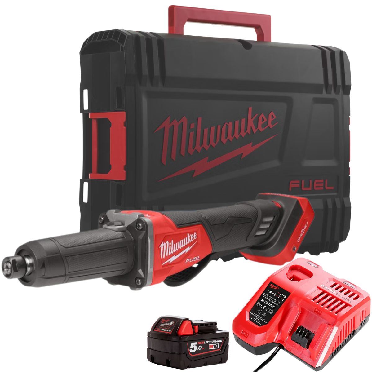 Milwaukee M18FDGROVPDB-0X M18 FUEL 18V Brushless Braking Die Grinder with 1 x 5.0Ah Battery Charger & Case