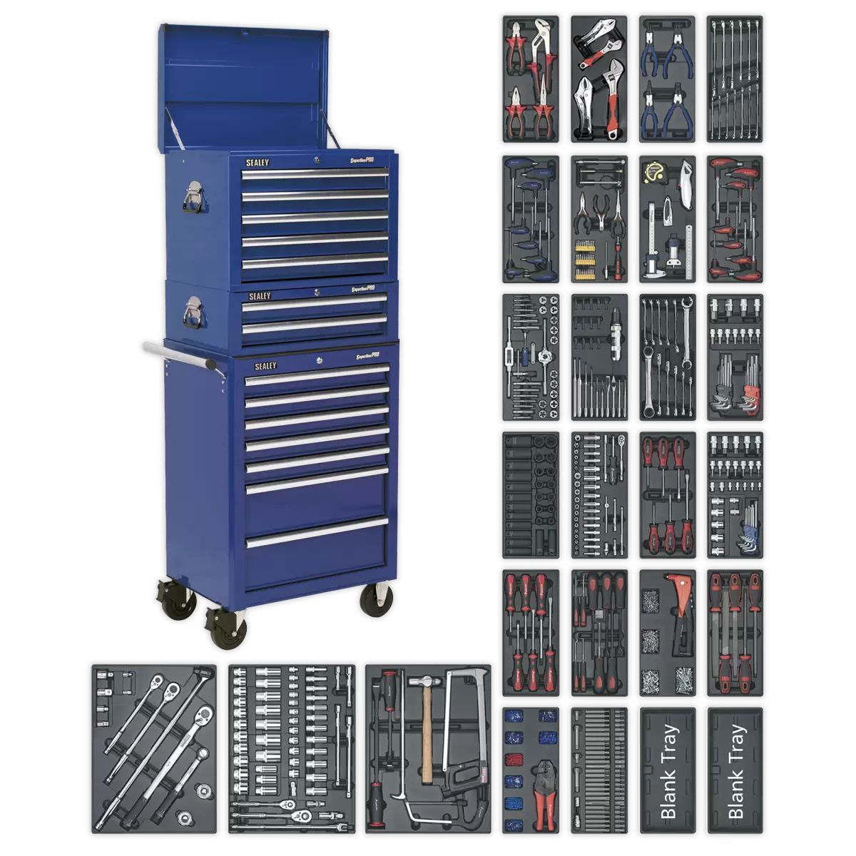 Sealey SPTCCOMBO1 Tool Chest Combination 14 Drawer with Ball Bearing Slides Blue & 1179pc Tool Kit