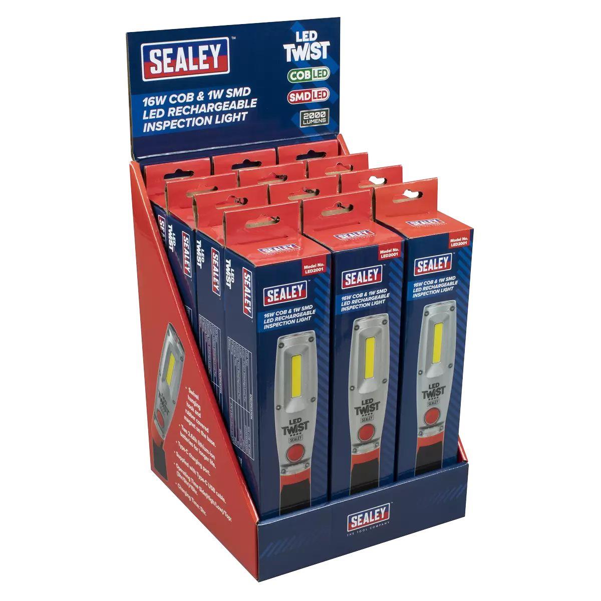 Sealey LED2001DB LED Twist Rechargeable Inspection Light 16W Cob & 1W Smd Display Box of 12