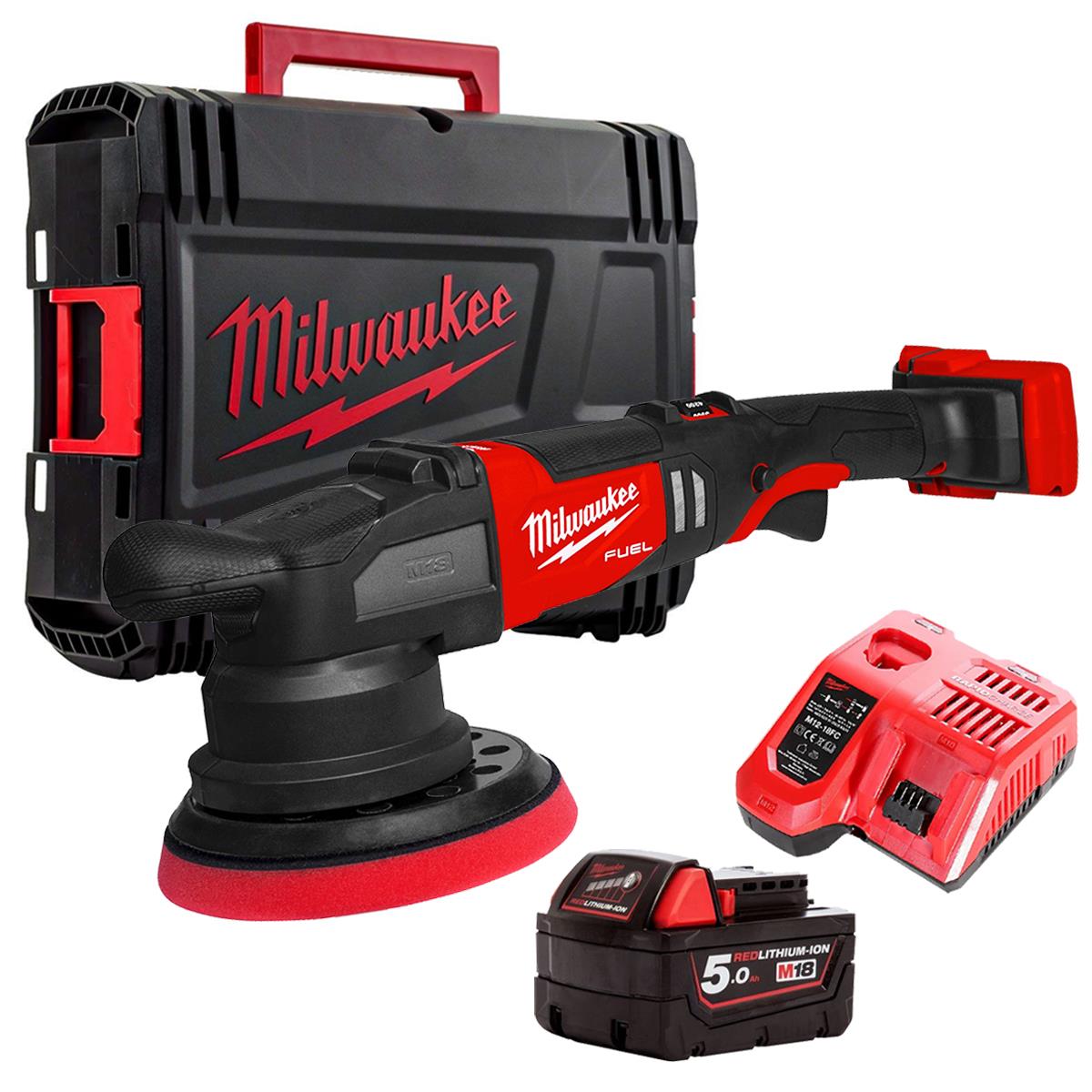 Milwaukee M18FROP21-0X 18V Brushless Random Orbital Polisher With 1 x 5.0Ah Battery Charger & Case