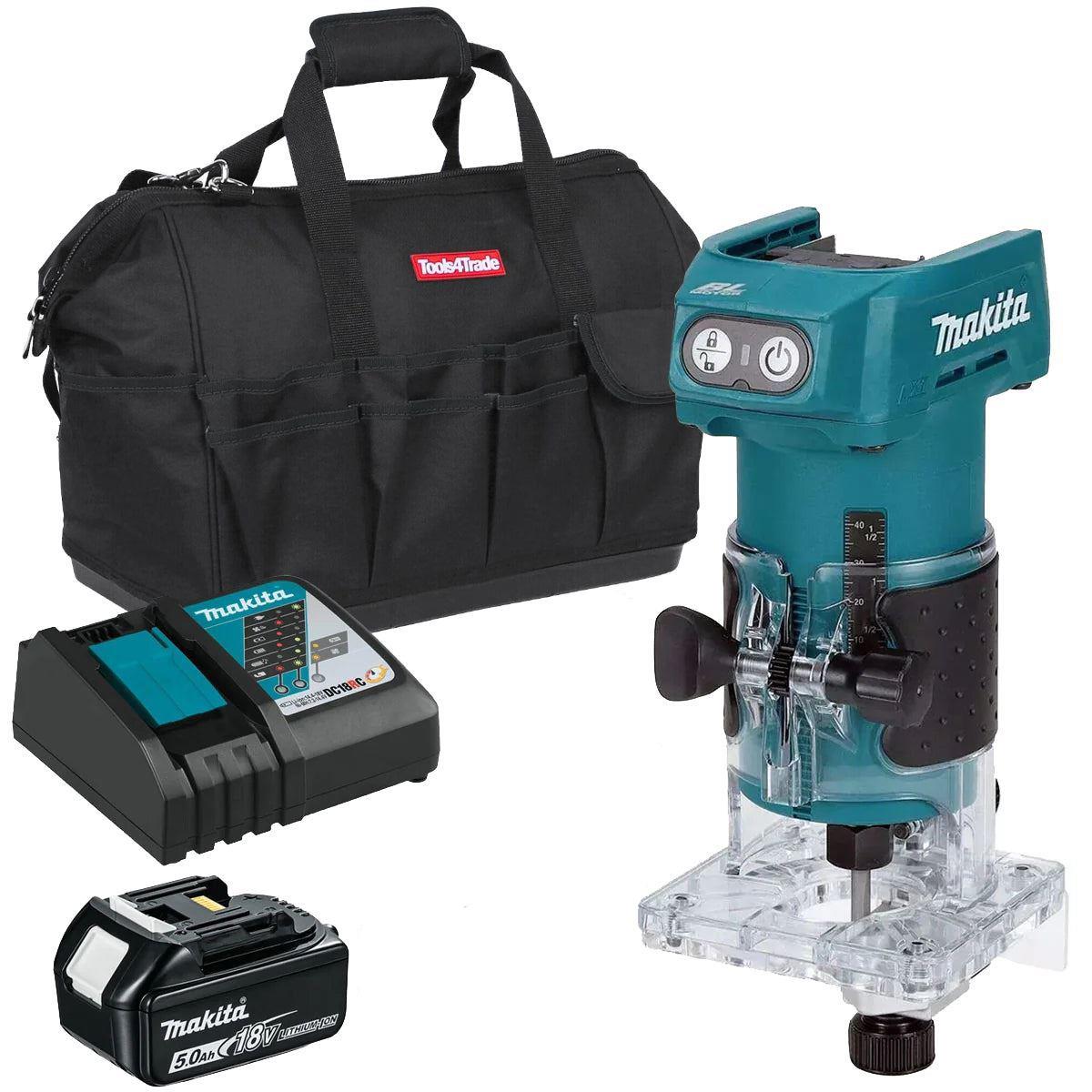 Makita DRT52Z 18V LXT Brushless Router Trimmer with 1 x 5.0Ah Battery Charger & Bag