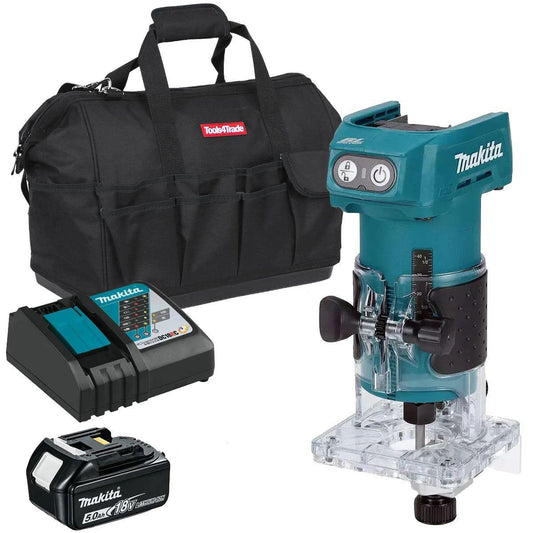 Makita DRT52Z 18V LXT Brushless Router Trimmer with 1 x 5.0Ah Battery Charger & Bag