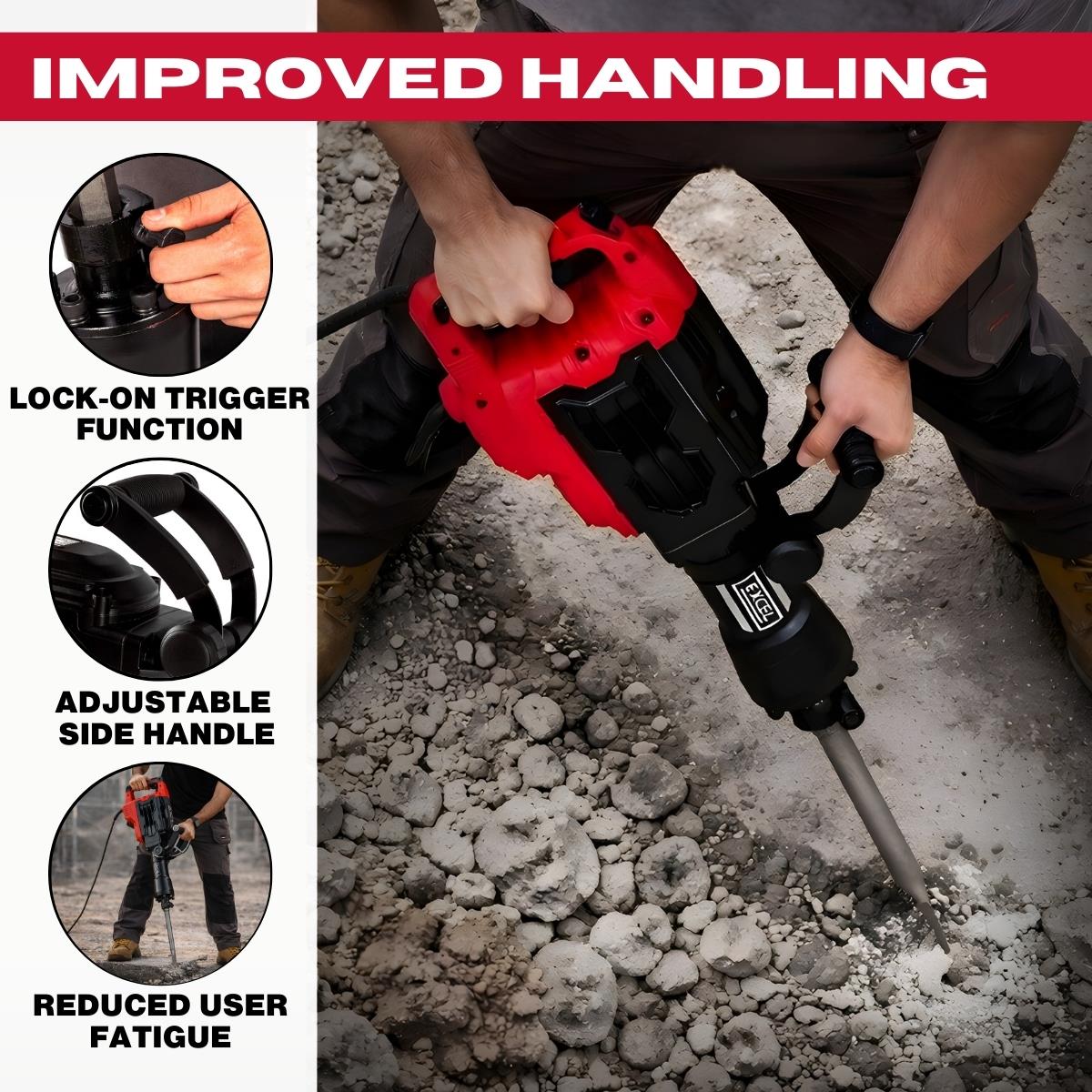 Excel 1700W 55J Hex Shank Demolition Hammer 230V with Case & Chisels Item Condition Damaged Box