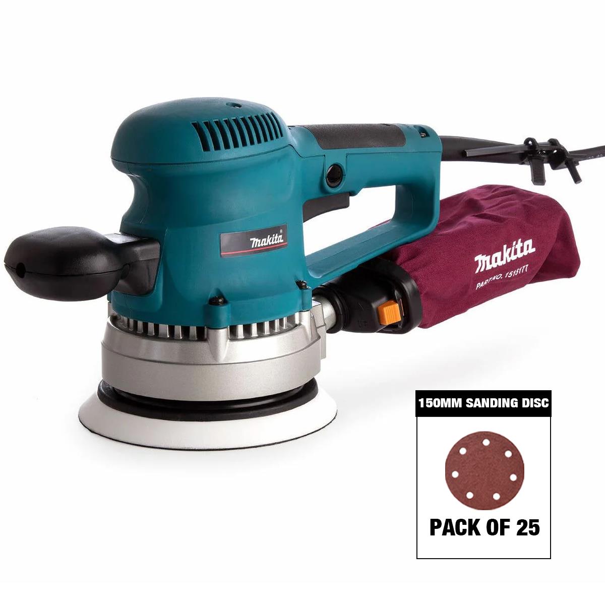 Makita BO6030/2 150mm Corded Random Orbit Sander & Dust Bag 240V with Sanding Disc Mix Grit Pack of 25