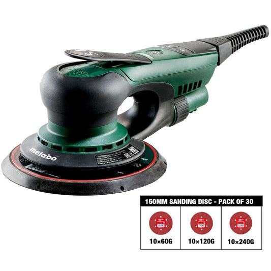 Metabo SXE 150-5.0 BL 150mm Brushless Random Orbital Sander 240V 615050380 with Sanding Disc 60G, 120G, 240G Pack of 30
