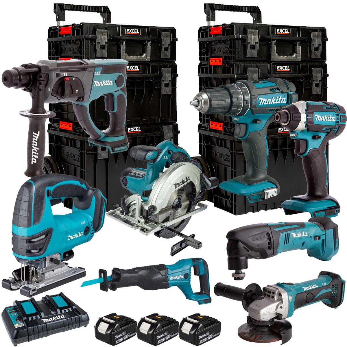 Makita 18V 8 Piece Tool Kit 3 x 5.0Ah Battery, Charger & 3 Piece Modular Tool Box T4TKIT-24400