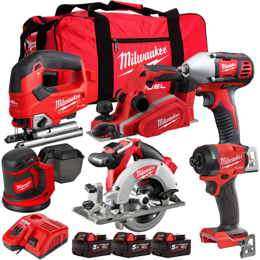 Milwaukee 18V Cordless 6 Piece Tool Kit with 3 x 5.0Ah Batteries & Smart Charger in Bag