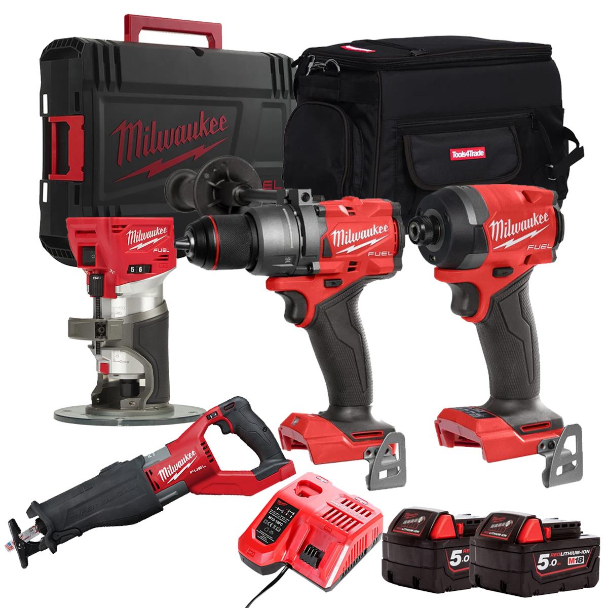 Milwaukee M18FPP18Z-502B 18V 4 Piece Power Tool Kit With 2 x 5.0Ah Batteries Charger Case & Bag