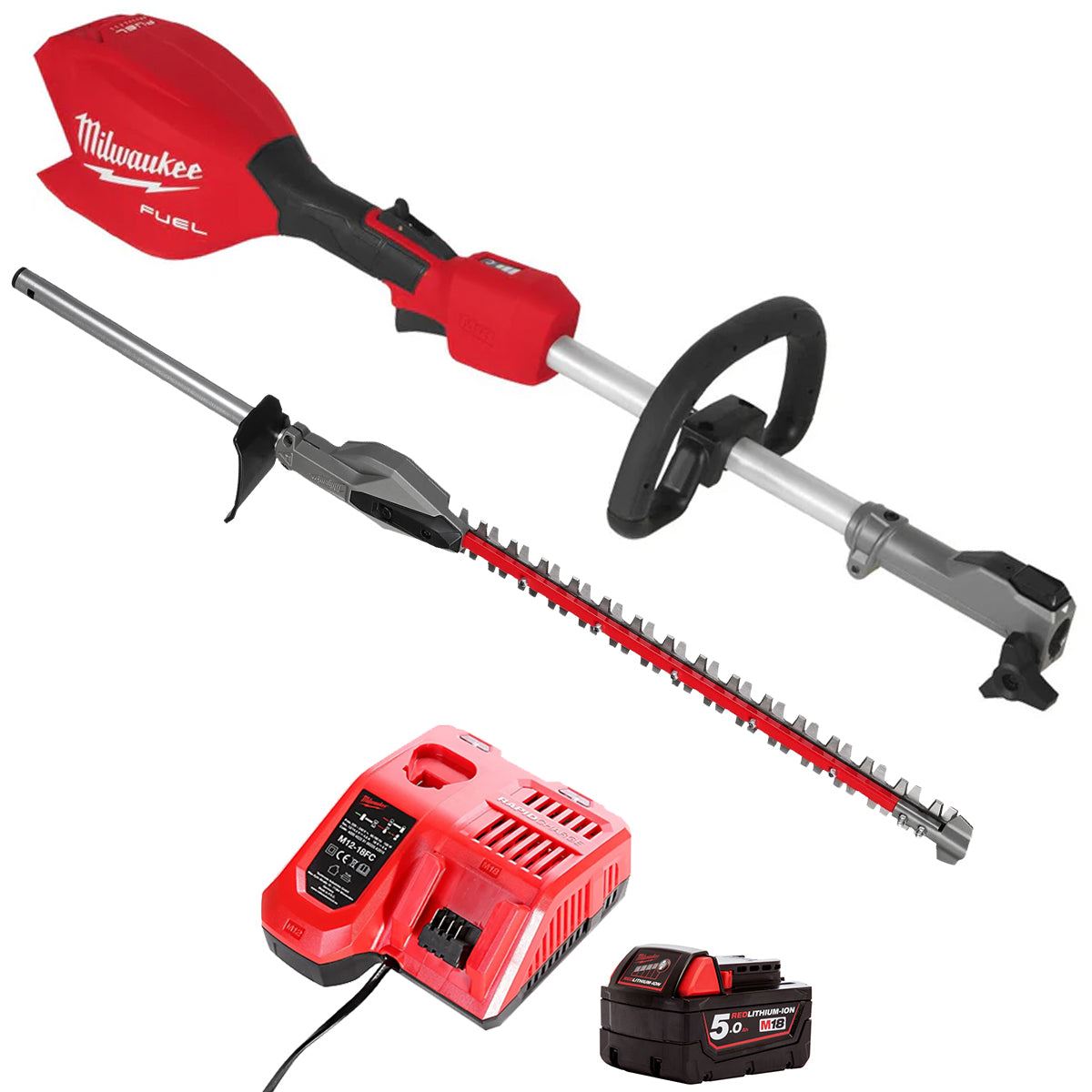Milwaukee M18FOPH2-0 FUEL 18V Brushless Power Head with 1 x 5.0Ah Battery Charger & Hedge Trimmer Attachment