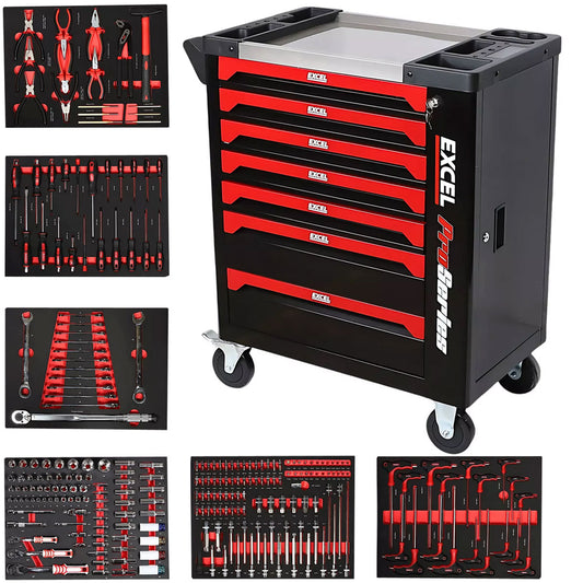 Excel 7 Drawers Tool Chest Storage Roller Cabinet with 249 Piece Tool Set Item Condition Damaged Box