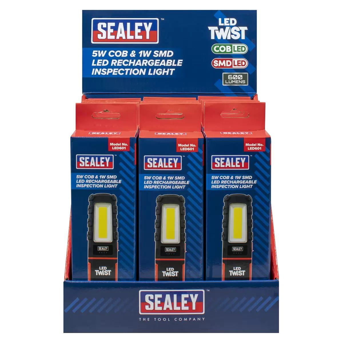 Sealey LED601DB LED Twist Rechargeable Inspection Light 5W Cob & 1W Smd Display Box of 12