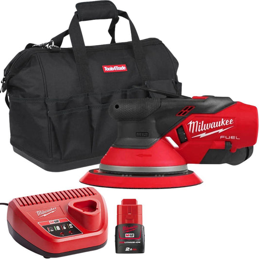 Milwaukee M12FROS5-0 12V FUEL Brushless 150mm Random Orbit Sander with 1 x 2.0Ah Battery Charger & Bag