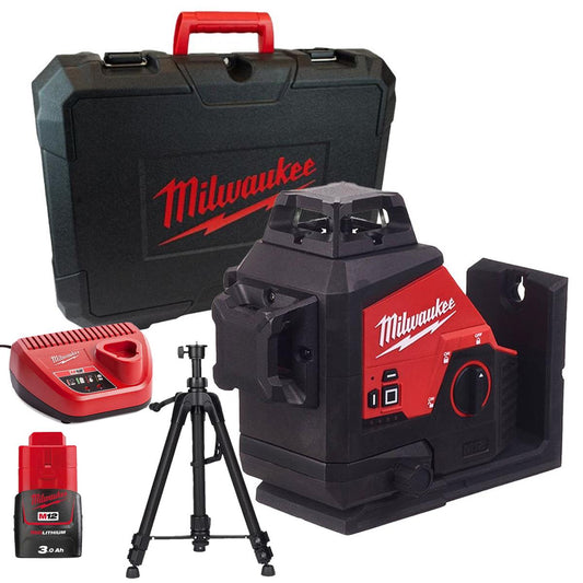 Milwaukee M123PL-0C 12V 360° 3-Plane Green Laser with 1 x 3.0Ah Battery Charger Case & Laser Tripod