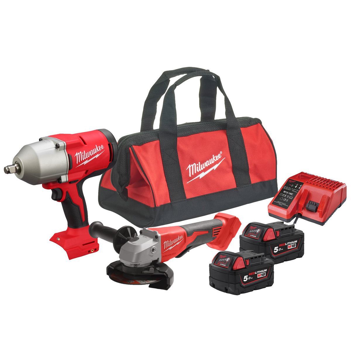 Milwaukee M18BLPP2E-502B 18V Brushless 2 Piece Power Tool Kit with 2 x 5.0Ah Battery Charger & Bag 4933498206