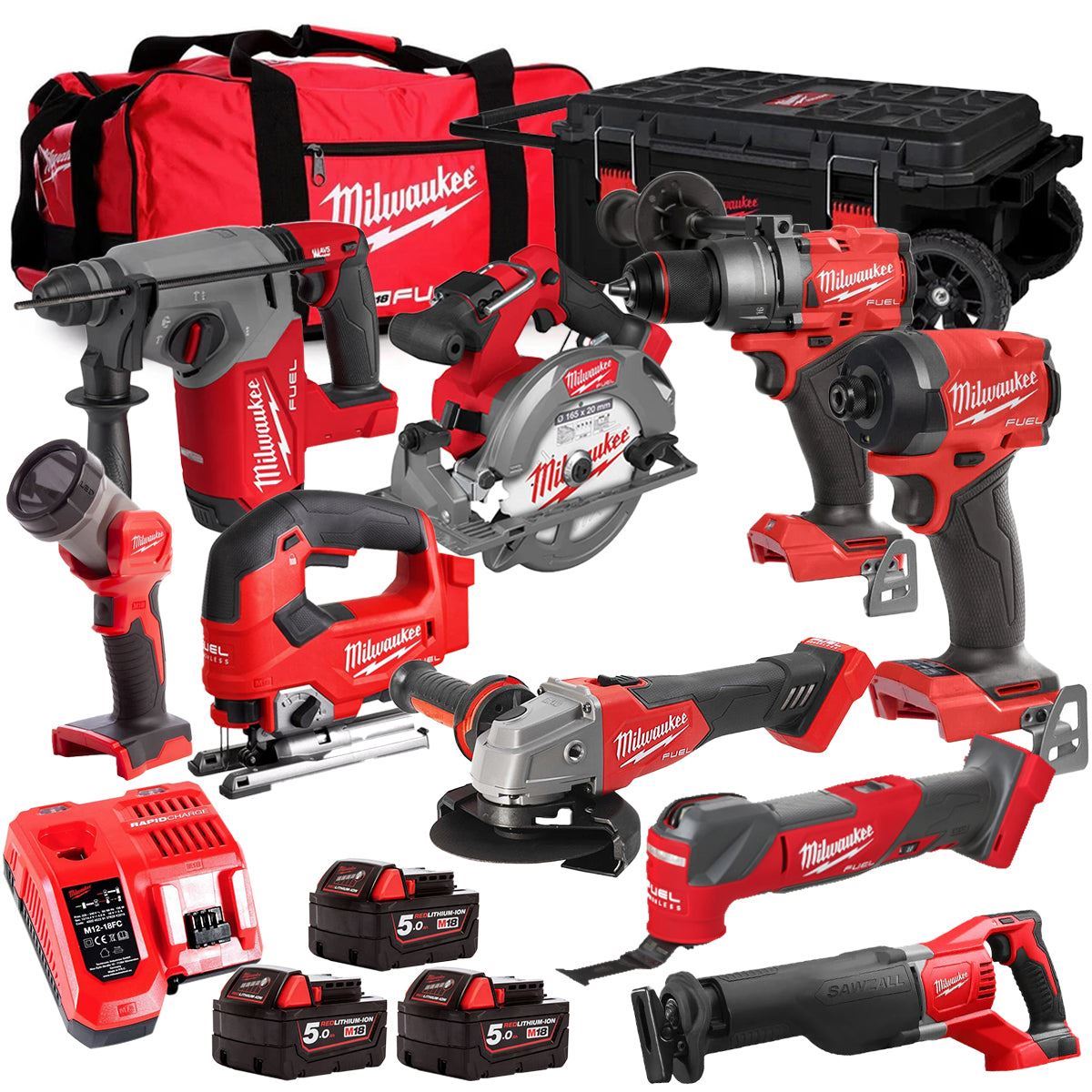 Milwaukee M18FPP6L3-503BK23 18V 9 Piece Tool Kit with 3 x 5.0Ah Batteries Charger & Wheeled Bag