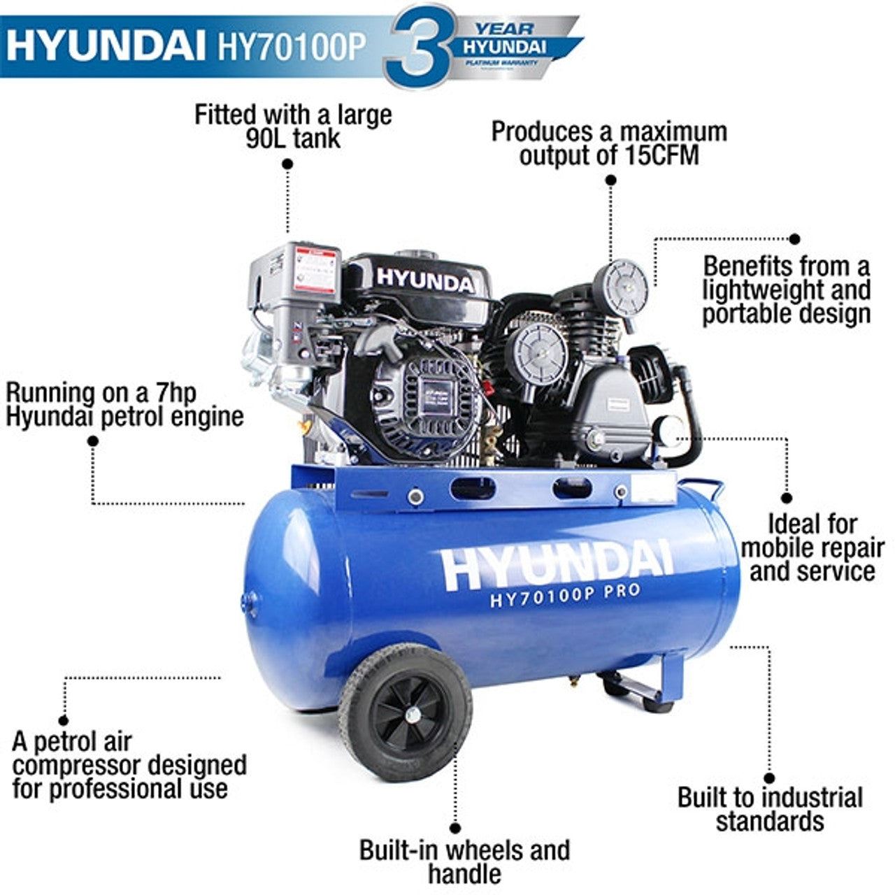 Hyundai HY70100P 90L Heavy Duty Petrol Air Compressor 10.7CFM 145psi Belt Drive