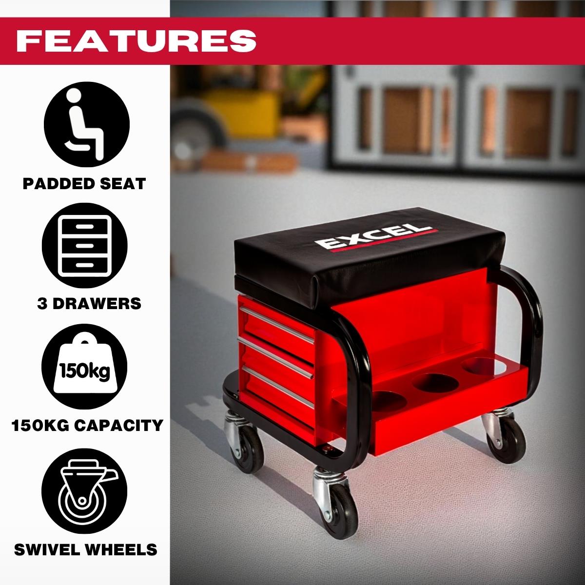 Excel Utility Seat with Toolbox – Padded Rolling Work Stool with 3 Drawers, Can Holders & 150kg Load Capacity