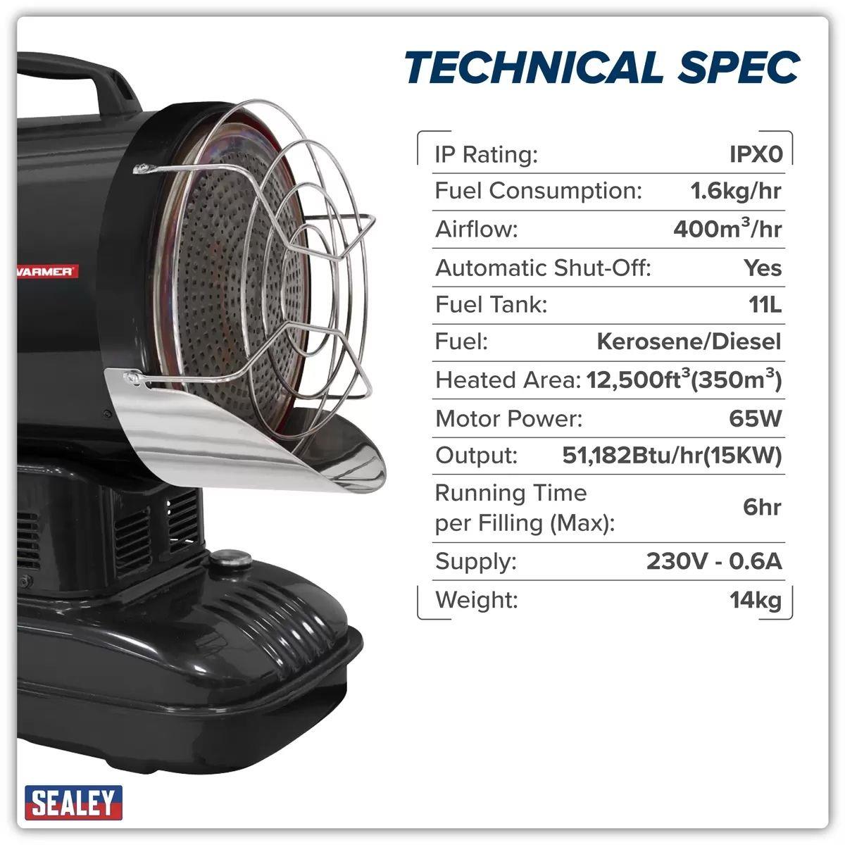 Sealey IR115 Infrared Space Warmer Kerosene/Diesel Heater 51,000Btu/hr 230V/65W