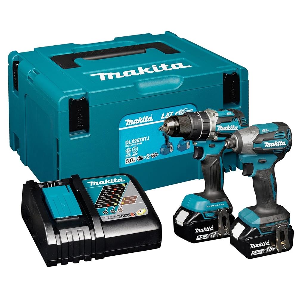 Makita DLX2578TJ 18V LXT Brushless Twin Pack Combi Drill & Impact Driver with 2 x 5.0Ah Batteries, Charger & Case