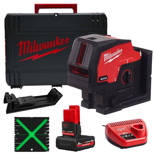 Milwaukee M12CLLP-0 12V Green Cross Line 2 Plane Laser 360° with 1 x 5.0Ah Battery Charger & Case
