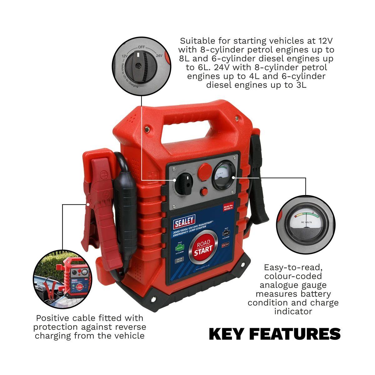 Sealey RS125 RoadStart Emergency Power Pack 12/24V 3000/1500 Peak Amps