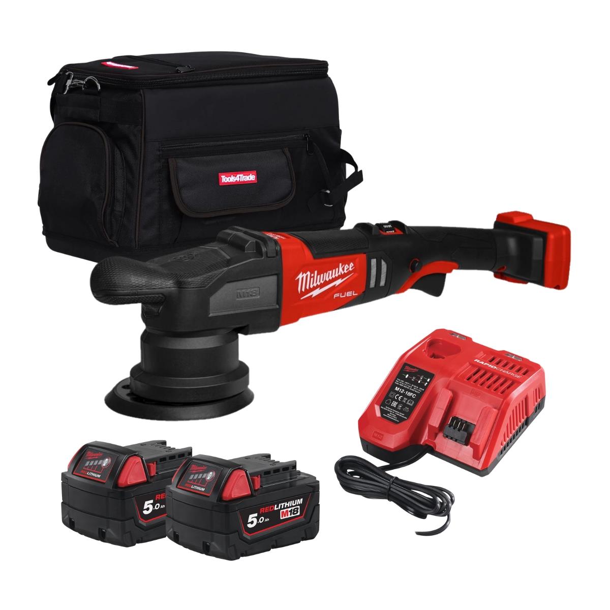 Milwaukee M18FROP15-0 18V Brushless 125mm Random Orbital Polisher with 2 x 5.0Ah Battery Charger & 20