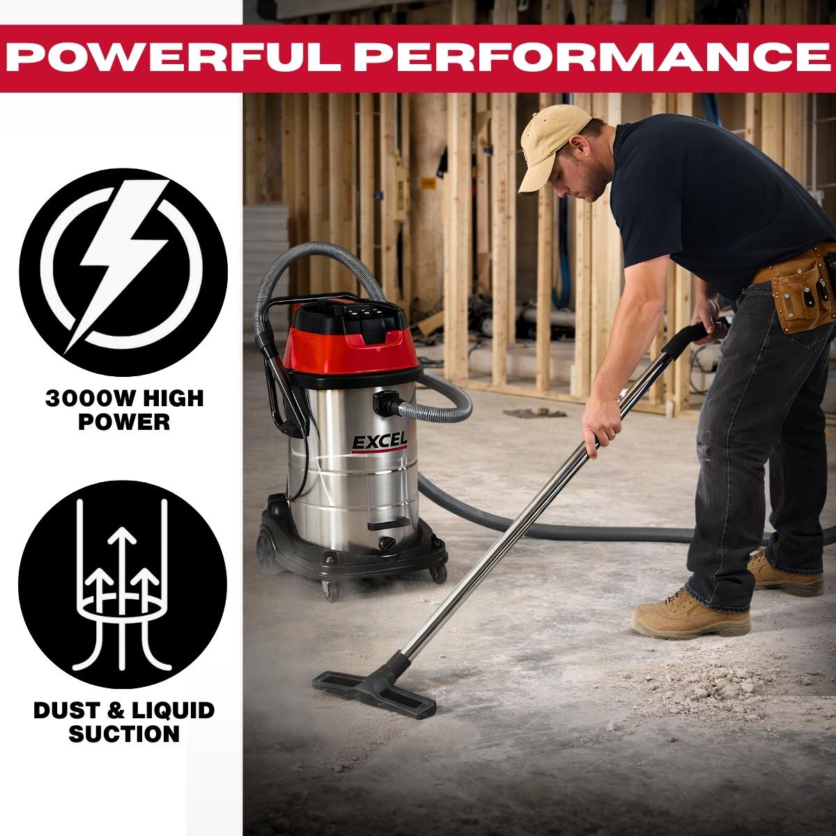 Excel 100L Wet & Dry Vacuum Cleaner 3000W/230V