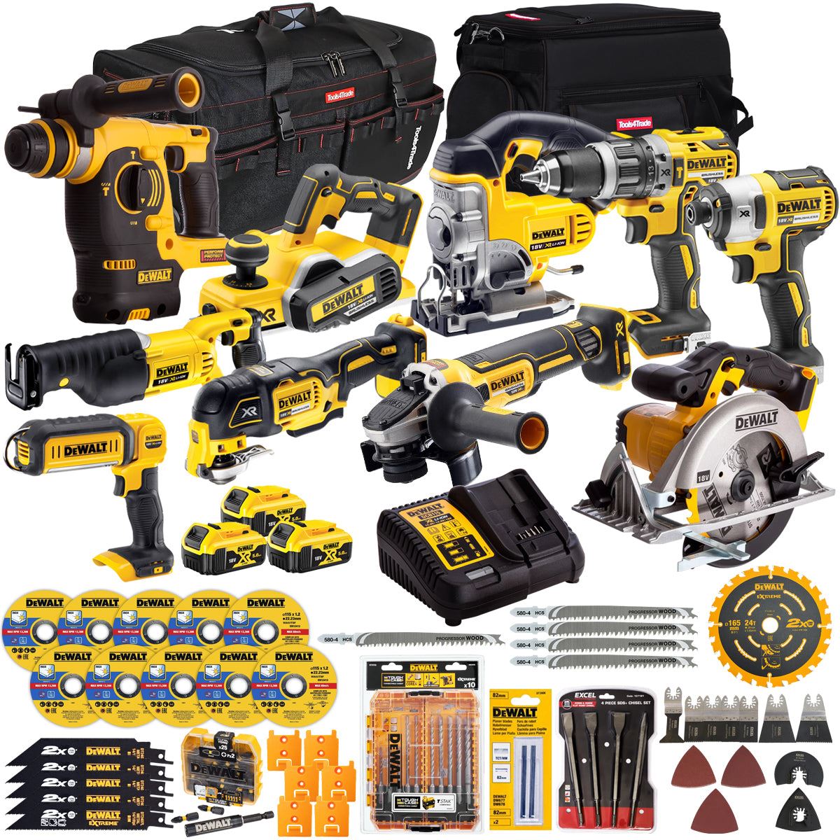 Dewalt 18V 10 Piece Power Tool Kit with 3 x 5.0Ah Battery Charger & Accessories Set T4TKIT-17218