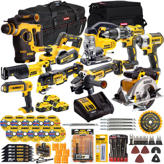 Dewalt 18V 10 Piece Power Tool Kit with 3 x 5.0Ah Battery Charger & Accessories Set T4TKIT-17218