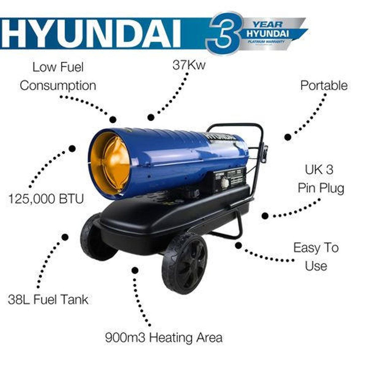 Hyundai HY125DKH Diesel or Kerosene Space Heater, 900m3 Coverage, Thermostat 230V/37kW